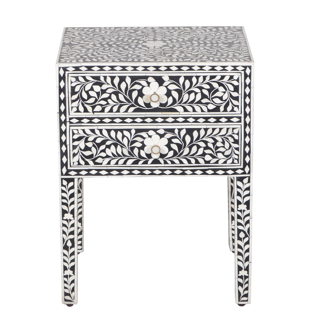 Bone Inlay 2 Drawer Nightstand - Black Floral