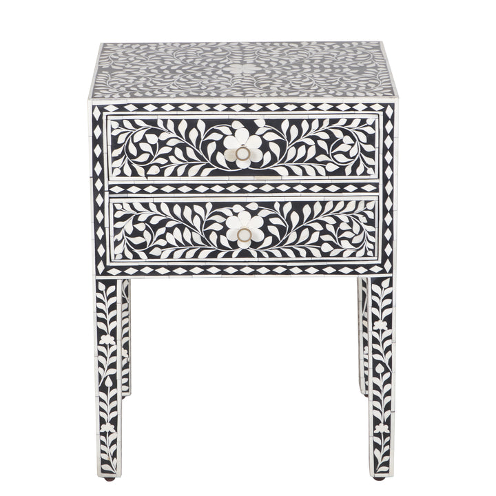 Bone Inlay 2 Drawer Nightstand - Black Floral