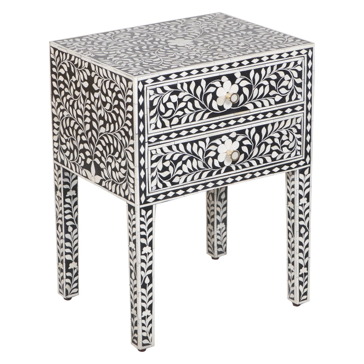 Bone Inlay 2 Drawer Nightstand - Black Floral