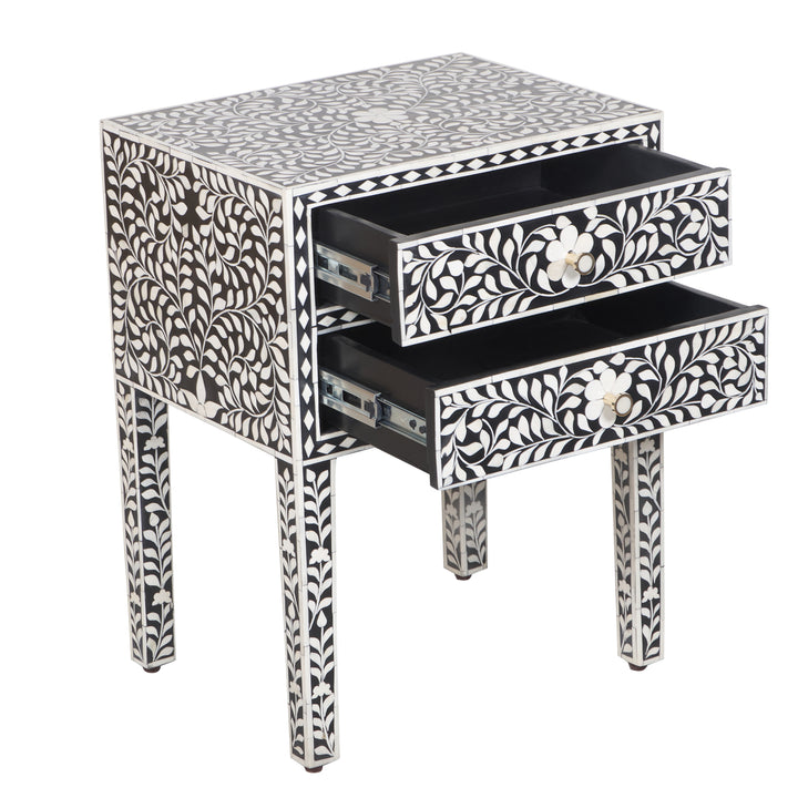 Bone Inlay 2 Drawer Nightstand - Black Floral