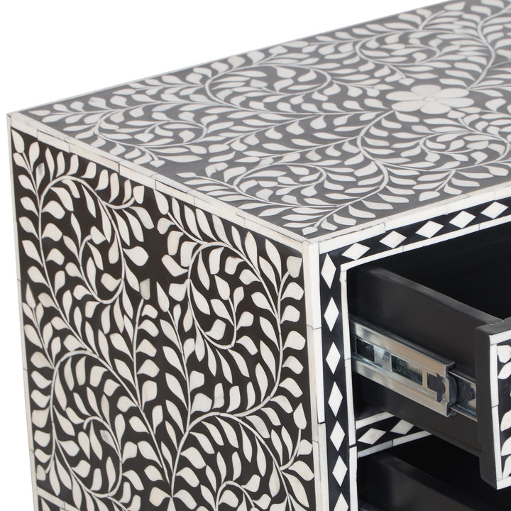 Bone Inlay 2 Drawer Nightstand - Black Floral