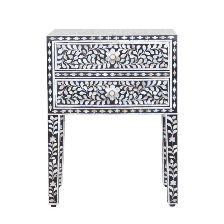 Mother of Pearl Inlay 2 Drawer Nightstand - Black Floral