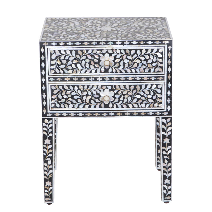 Mother of Pearl Inlay 2 Drawer Nightstand - Black Floral