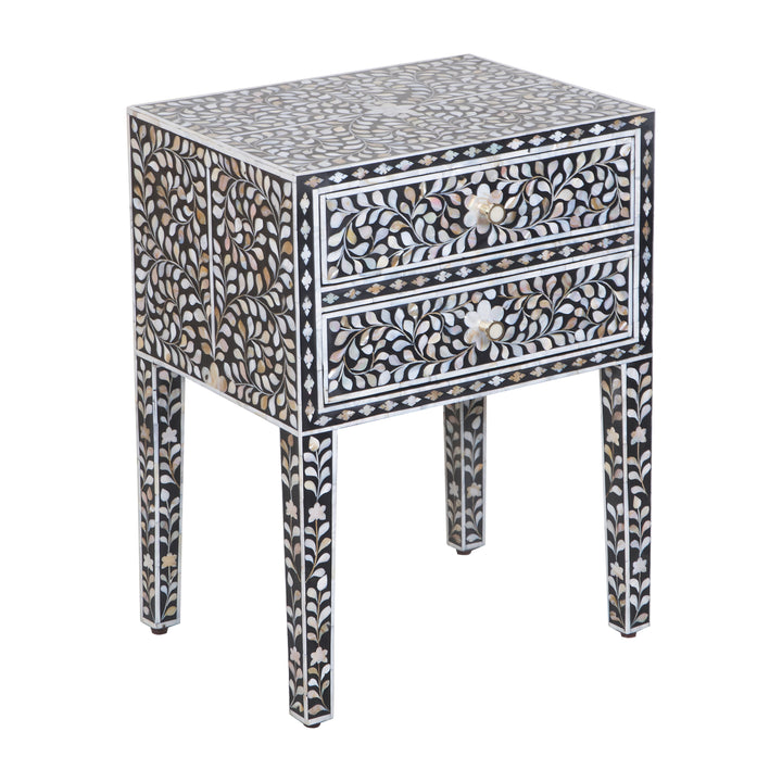Mother of Pearl Inlay 2 Drawer Nightstand - Black Floral