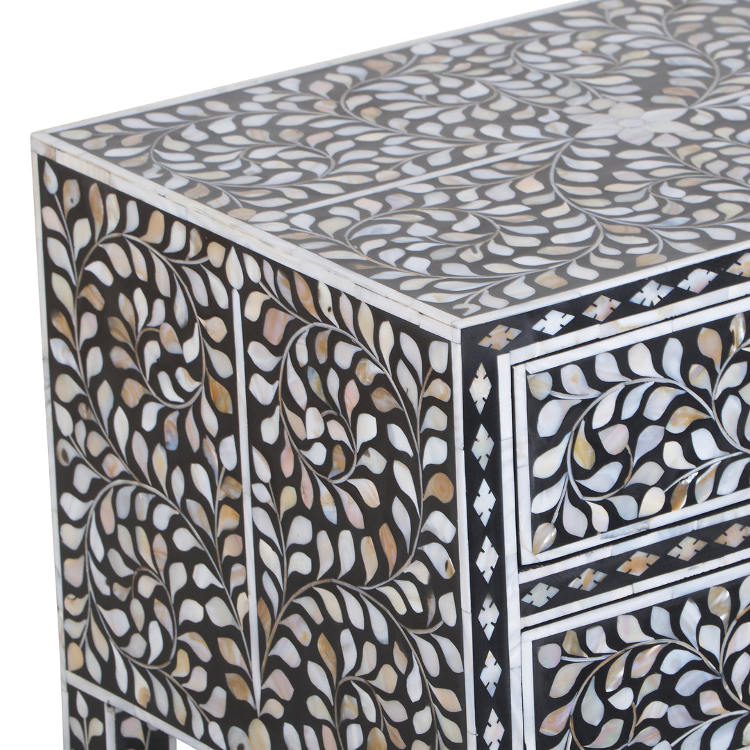 Mother of Pearl Inlay 2 Drawer Nightstand - Black Floral