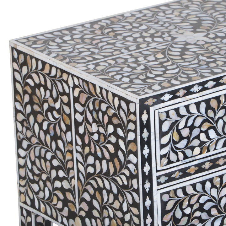 Mother of Pearl Inlay 2 Drawer Nightstand - Black Floral