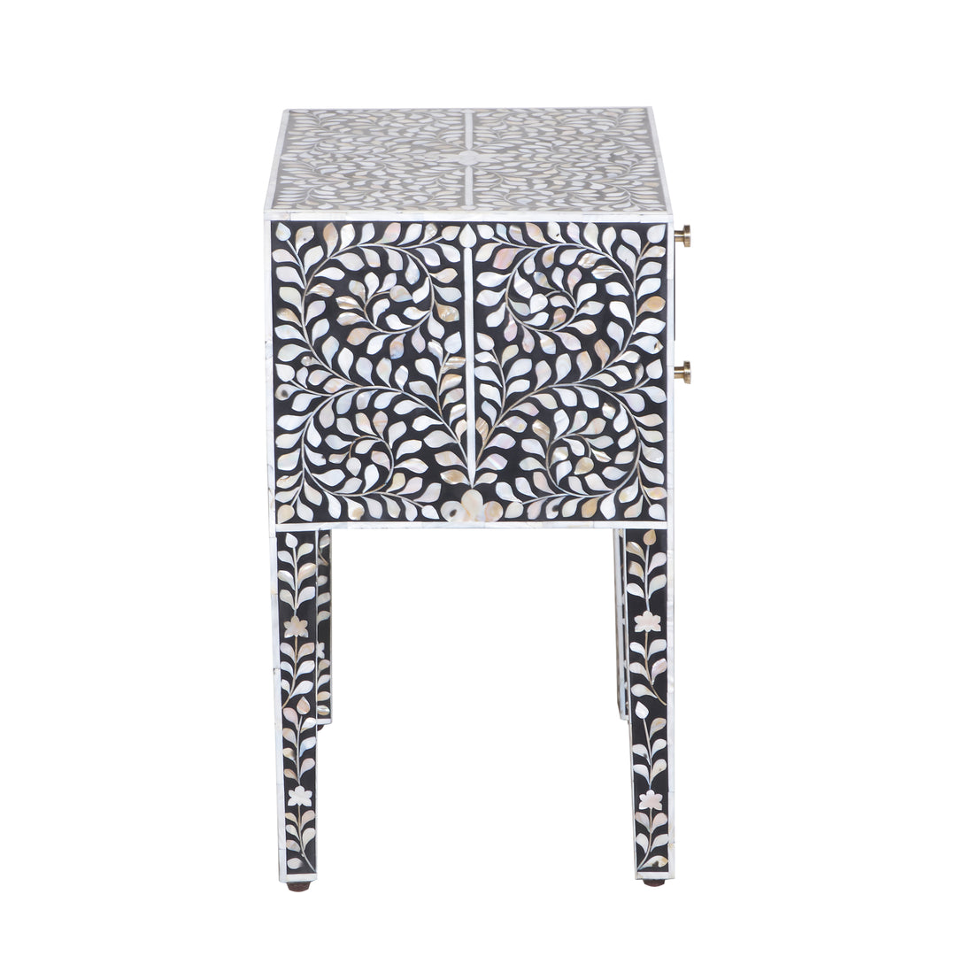 Mother of Pearl Inlay 2 Drawer Nightstand - Black Floral