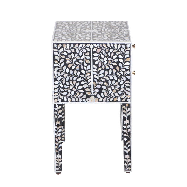 Mother of Pearl Inlay 2 Drawer Nightstand - Black Floral