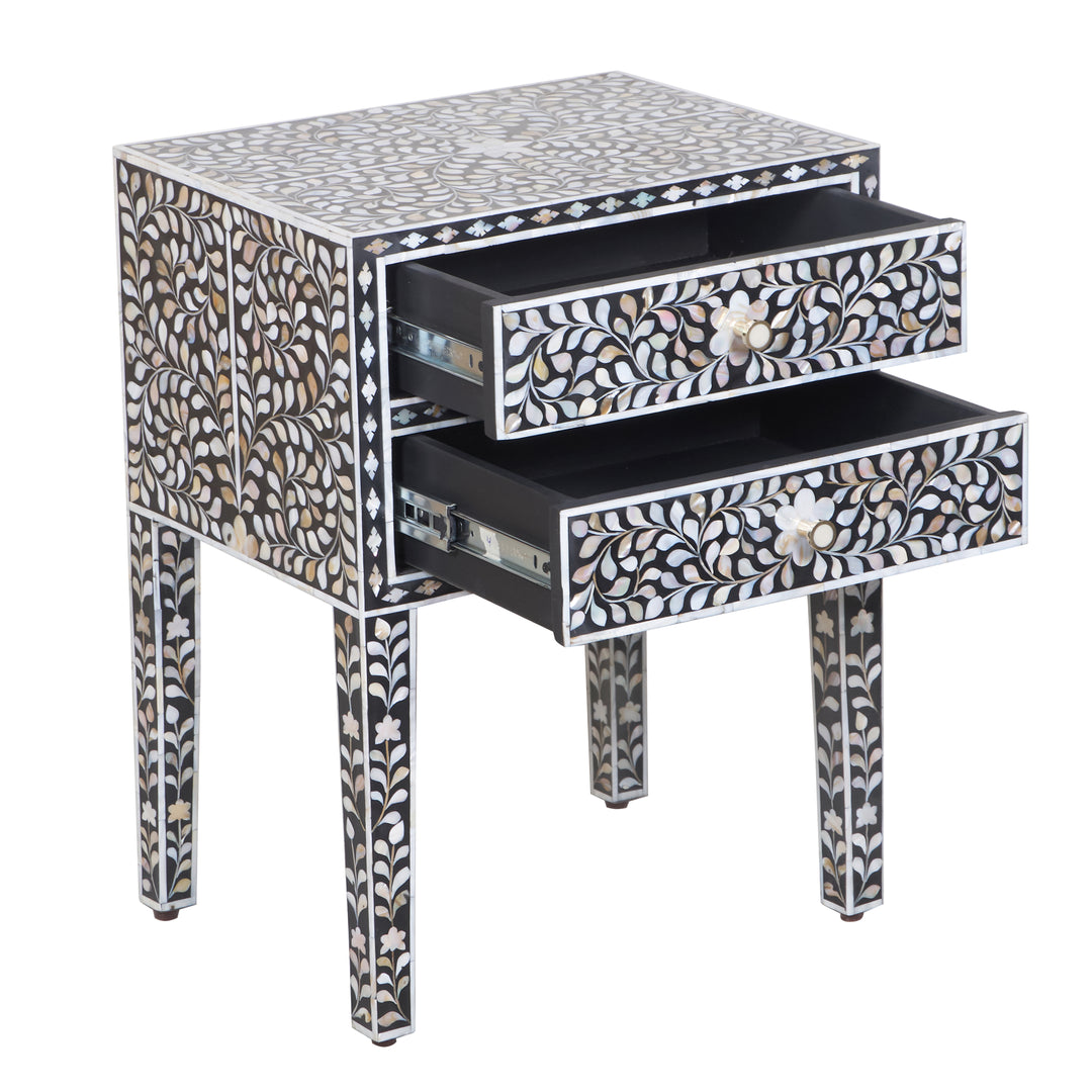 Mother of Pearl Inlay 2 Drawer Nightstand - Black Floral