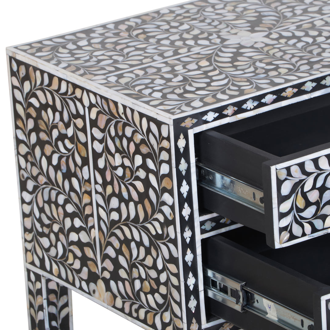 Mother of Pearl Inlay 2 Drawer Nightstand - Black Floral