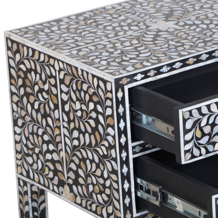 Mother of Pearl Inlay 2 Drawer Nightstand - Black Floral