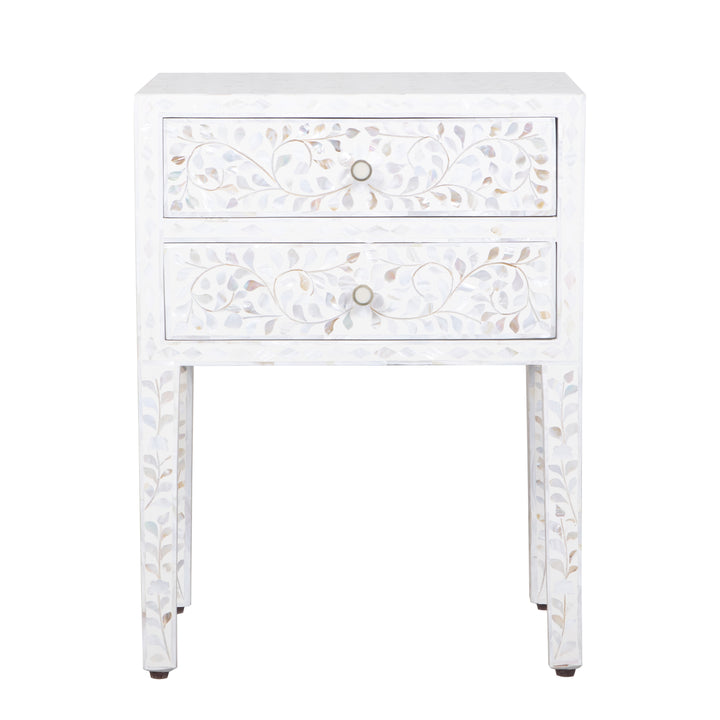 Mother of Pearl Inlay 2 Drawer Nightstand - White Floral