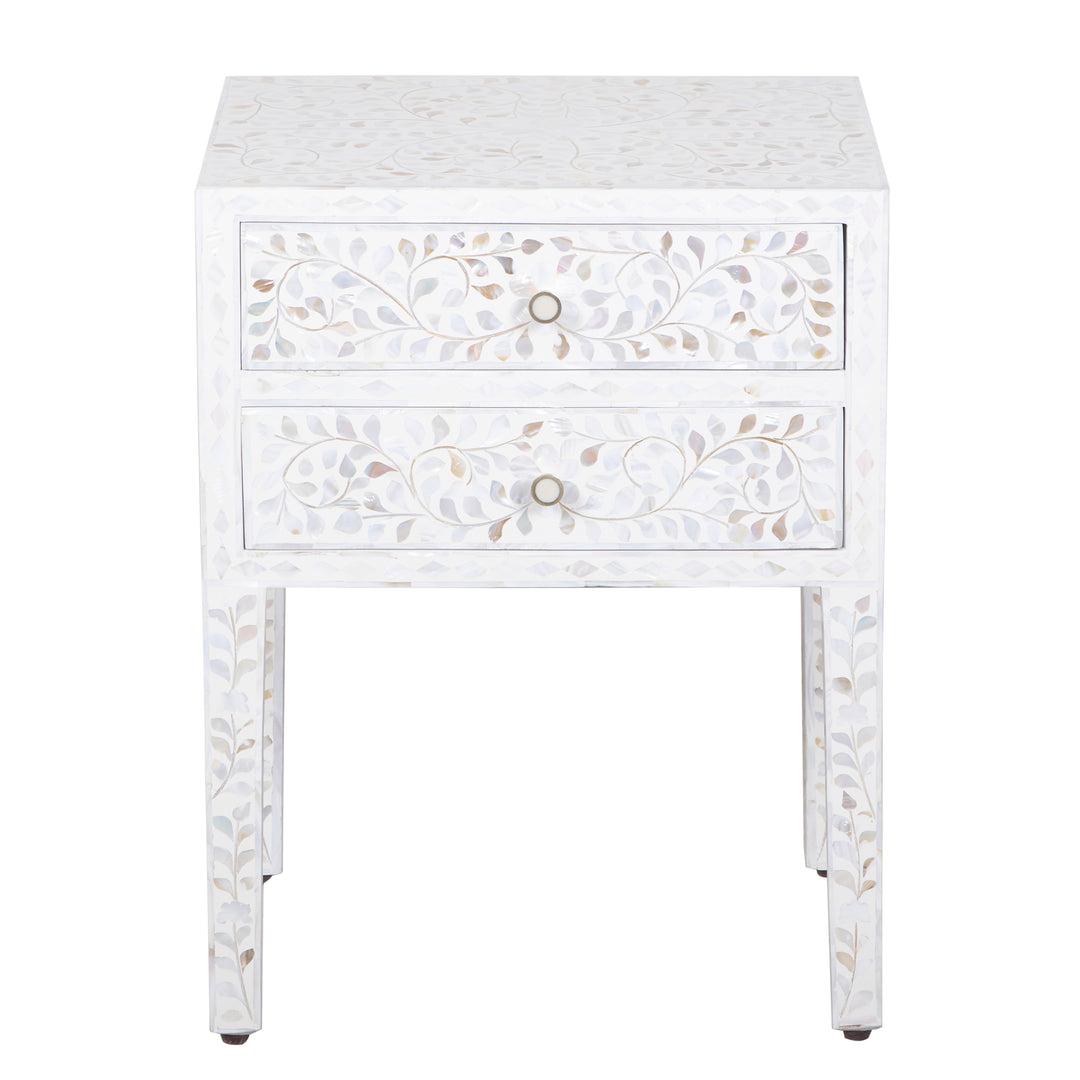 Mother of Pearl Inlay 2 Drawer Nightstand - White Floral
