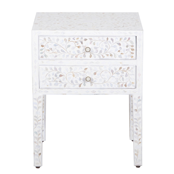 Mother of Pearl Inlay 2 Drawer Nightstand - White Floral