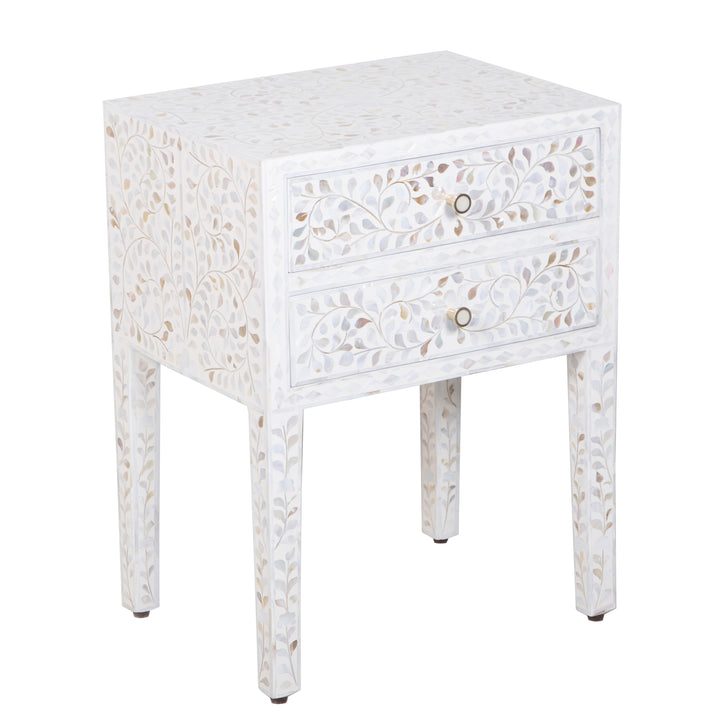 Mother of Pearl Inlay 2 Drawer Nightstand - White Floral