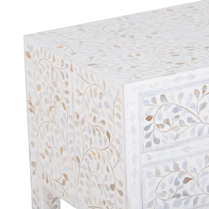 Mother of Pearl Inlay 2 Drawer Nightstand - White Floral