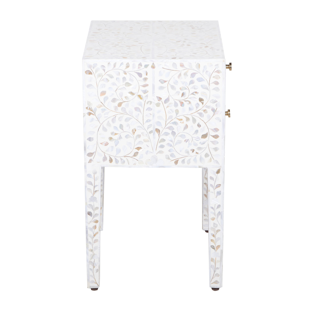Mother of Pearl Inlay 2 Drawer Nightstand - White Floral