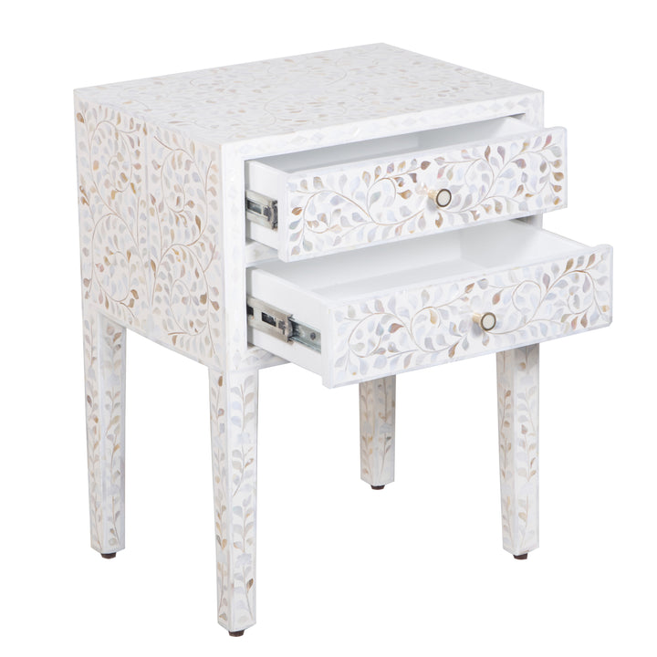 Mother of Pearl Inlay 2 Drawer Nightstand - White Floral