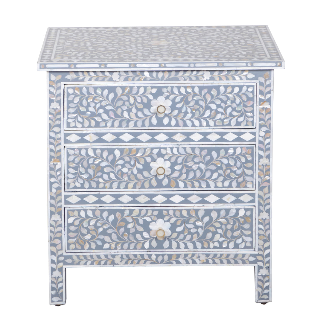 Mother of Pearl Inlay Large 3 Drawer Nightstand - Grey Floral