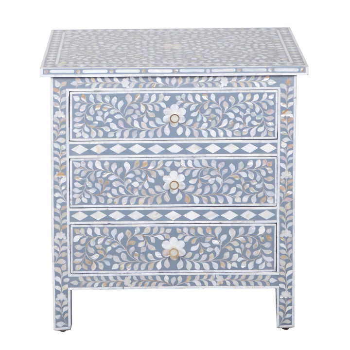 Mother of Pearl Inlay Large 3 Drawer Nightstand - Grey Floral
