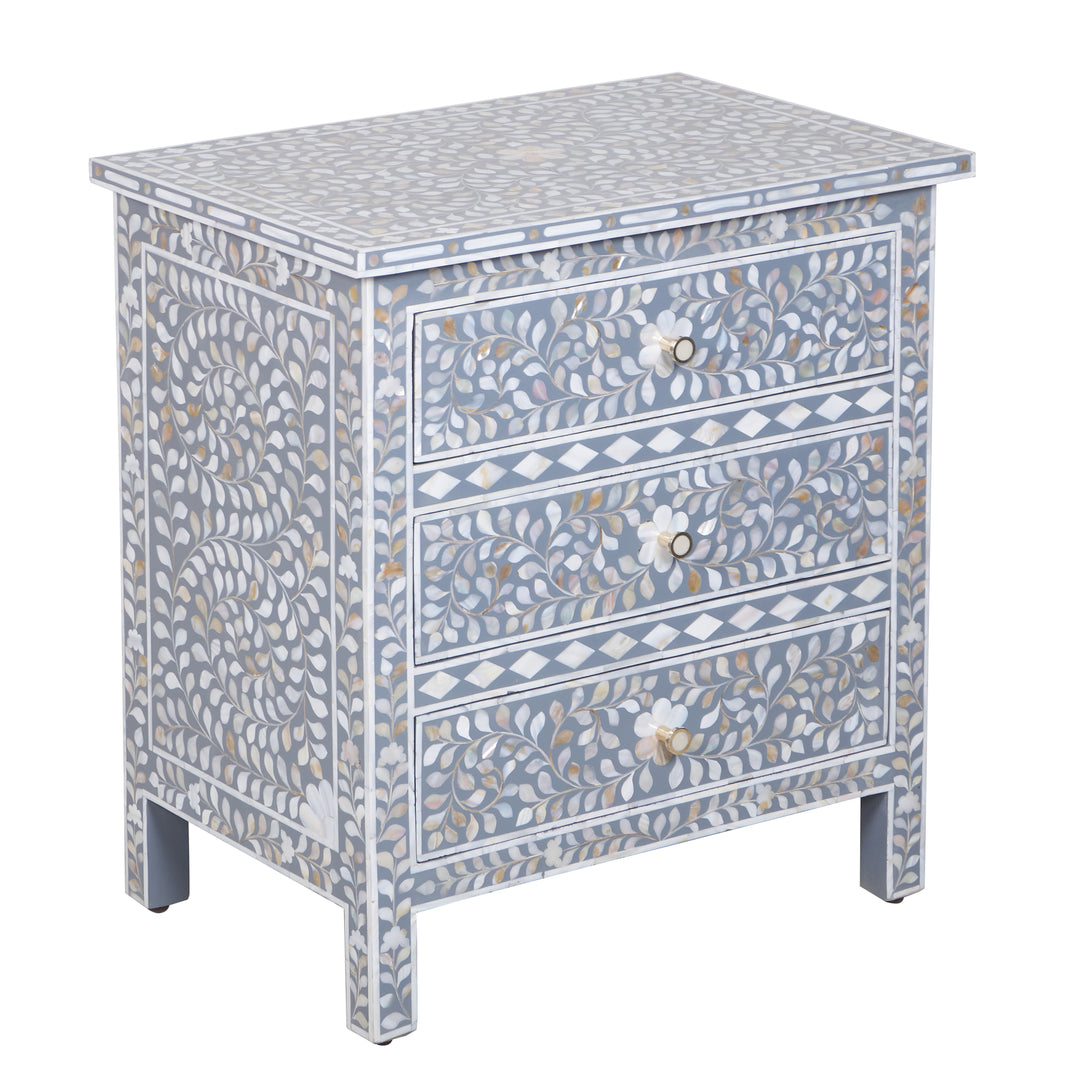 Mother of Pearl Inlay Large 3 Drawer Nightstand - Grey Floral