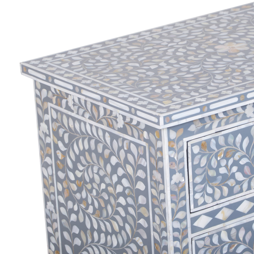 Mother of Pearl Inlay Large 3 Drawer Nightstand - Grey Floral