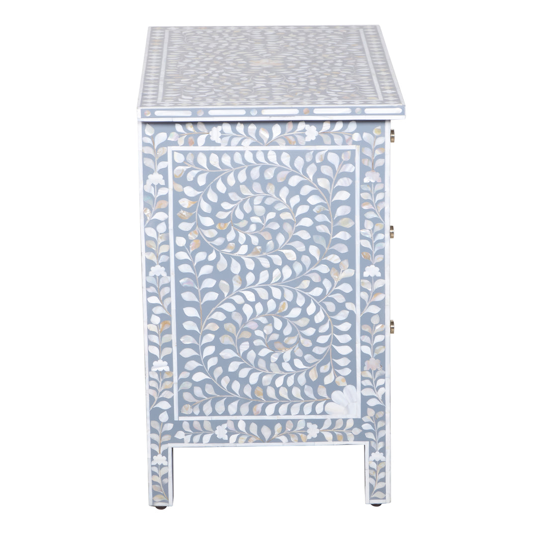 Mother of Pearl Inlay Large 3 Drawer Nightstand - Grey Floral