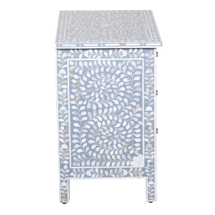 Mother of Pearl Inlay Large 3 Drawer Nightstand - Grey Floral