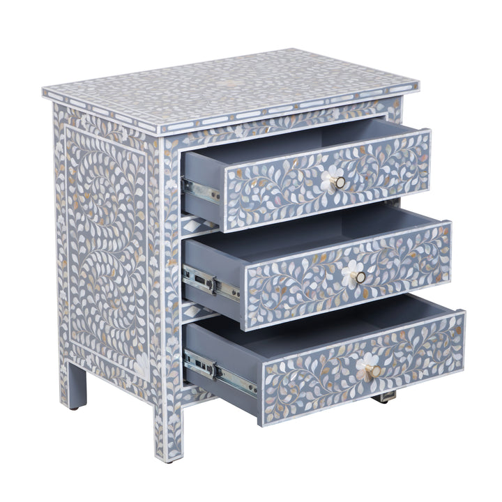 Mother of Pearl Inlay Large 3 Drawer Nightstand - Grey Floral