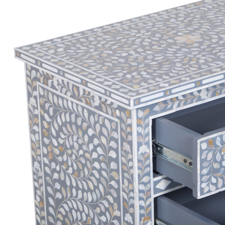 Mother of Pearl Inlay Large 3 Drawer Nightstand - Grey Floral