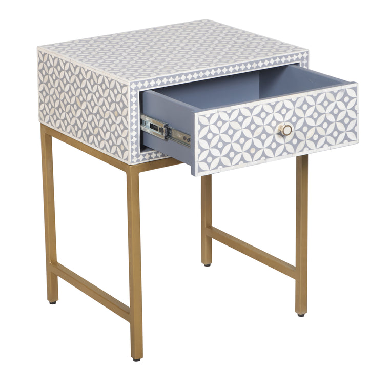Bone Inlay Nightstand with 1 Drawer - Grey Geometric