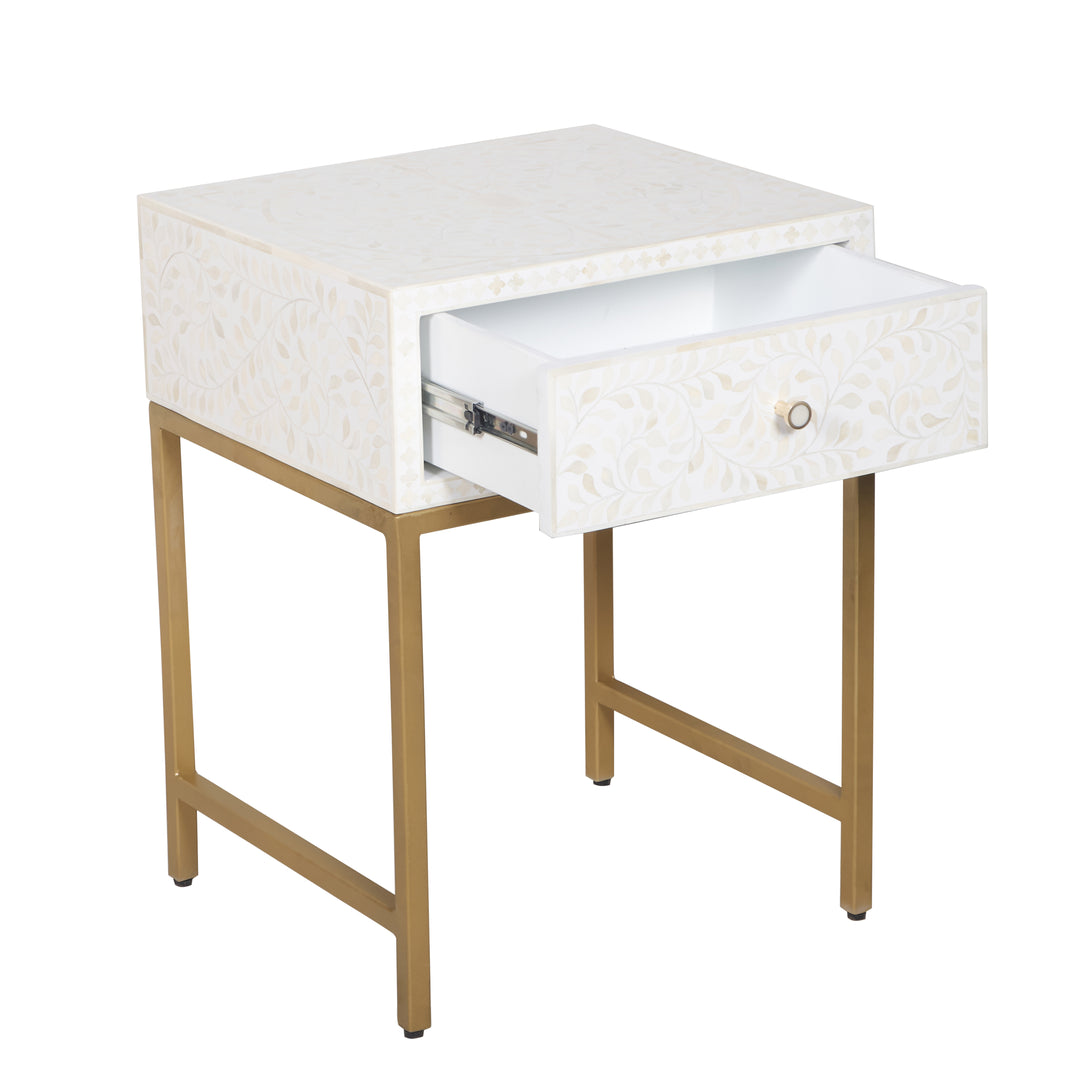 Bone Inlay Nightstand with 1 Drawer - White Floral