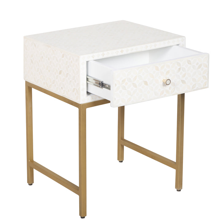 Bone Inlay Nightstand with 1 Drawer - White Geometric