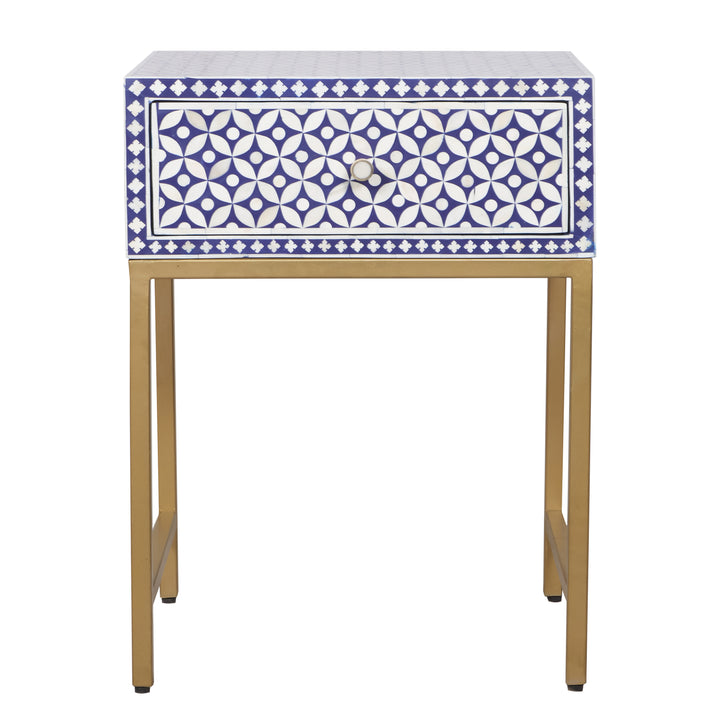 Bone Inlay Nightstand with 1 Drawer - Indigo Blue Geometric