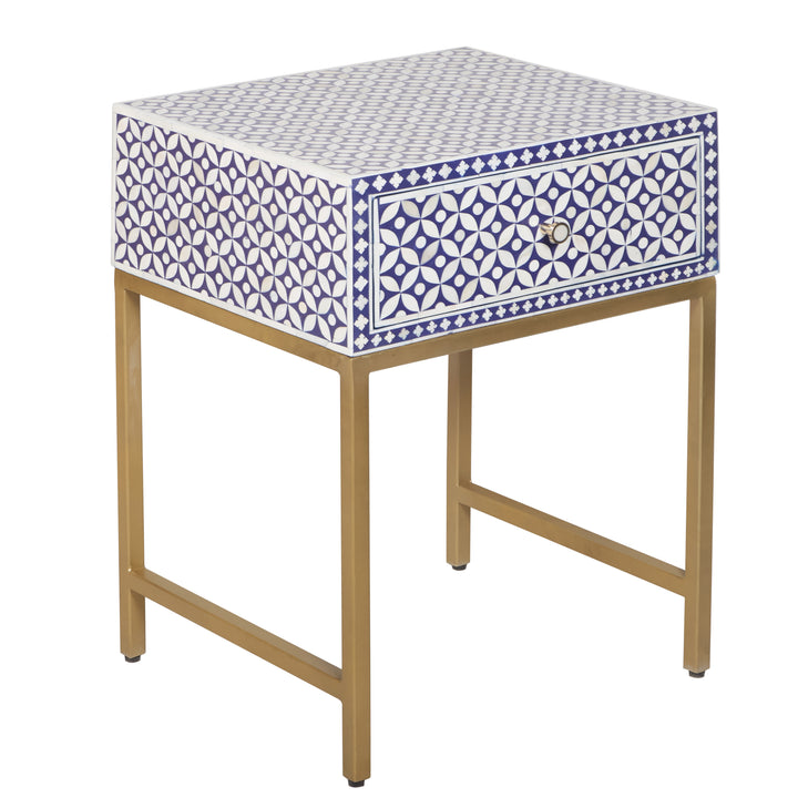 Bone Inlay Nightstand with 1 Drawer - Indigo Blue Geometric