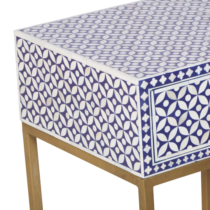 Bone Inlay Nightstand with 1 Drawer - Indigo Blue Geometric