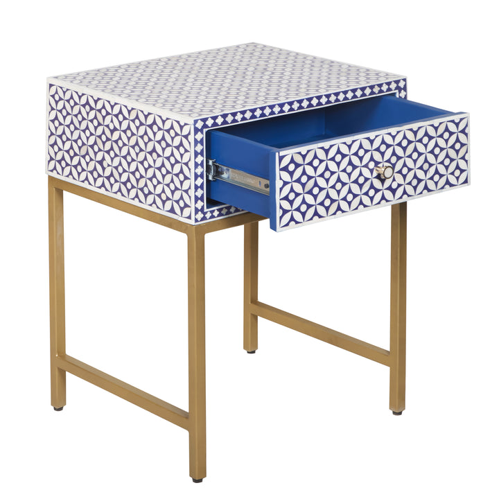 Bone Inlay Nightstand with 1 Drawer - Indigo Blue Geometric