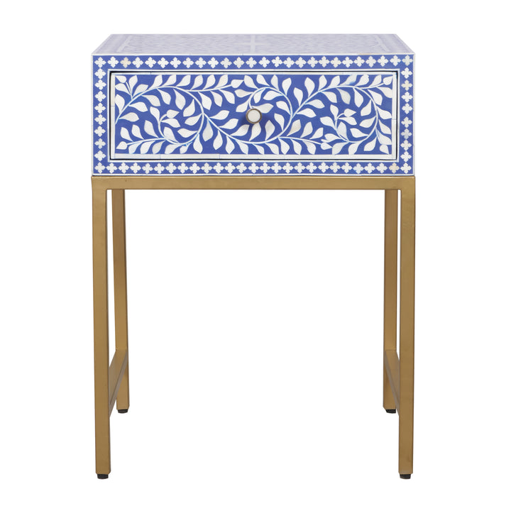 Bone Inlay Nightstand with 1 Drawer -  Indigo Blue Floral