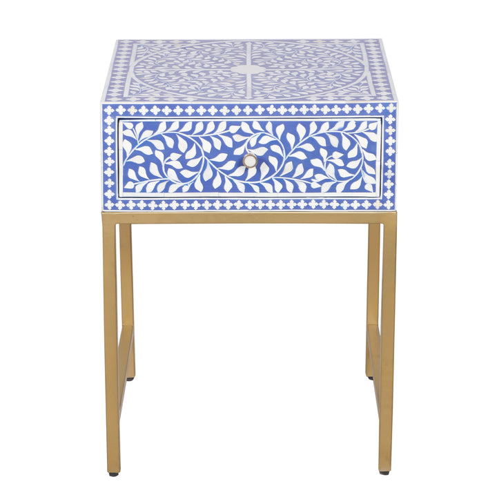 Bone Inlay Nightstand with 1 Drawer -  Indigo Blue Floral