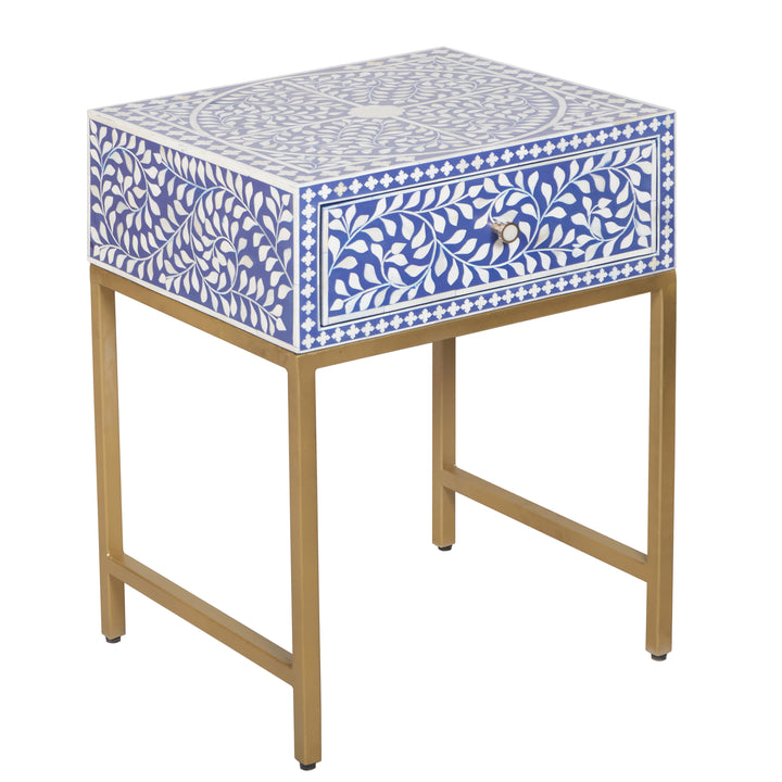 Bone Inlay Nightstand with 1 Drawer -  Indigo Blue Floral