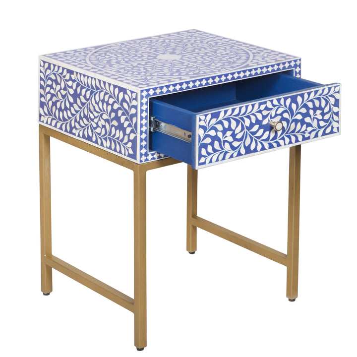 Bone Inlay Nightstand with 1 Drawer -  Indigo Blue Floral