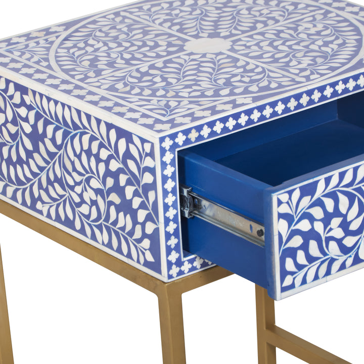 Bone Inlay Nightstand with 1 Drawer -  Indigo Blue Floral