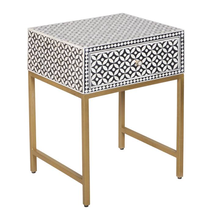 Bone Inlay Nightstand with 1 Drawer - Black Geometric