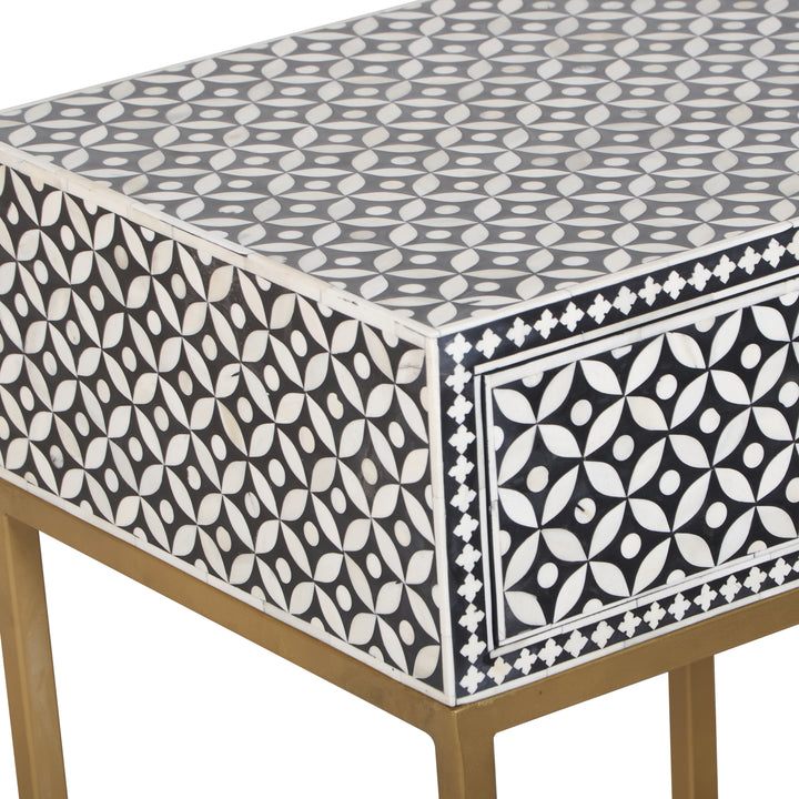 Bone Inlay Nightstand with 1 Drawer - Black Geometric
