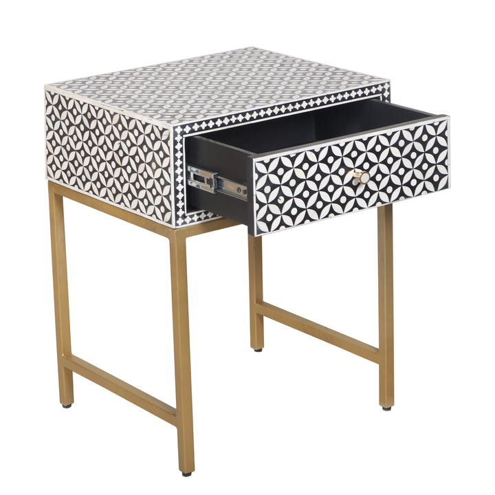 Bone Inlay Nightstand with 1 Drawer - Black Geometric