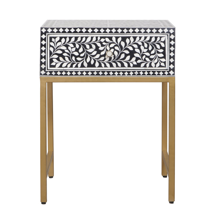Bone Inlay Nightstand with 1 Drawer - Black Floral