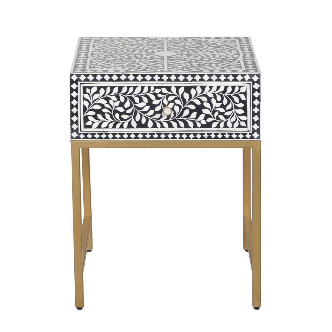 Bone Inlay Nightstand with 1 Drawer - Black Floral