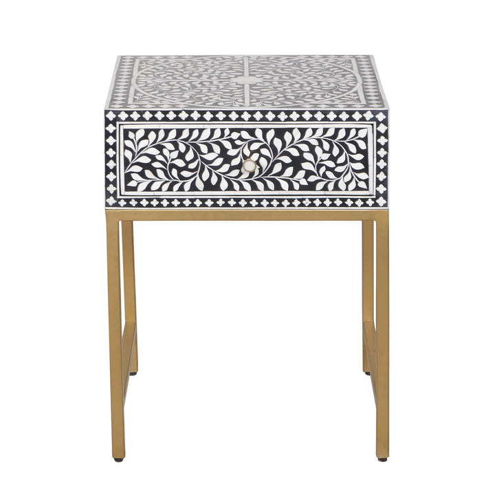 Bone Inlay Nightstand with 1 Drawer - Black Floral