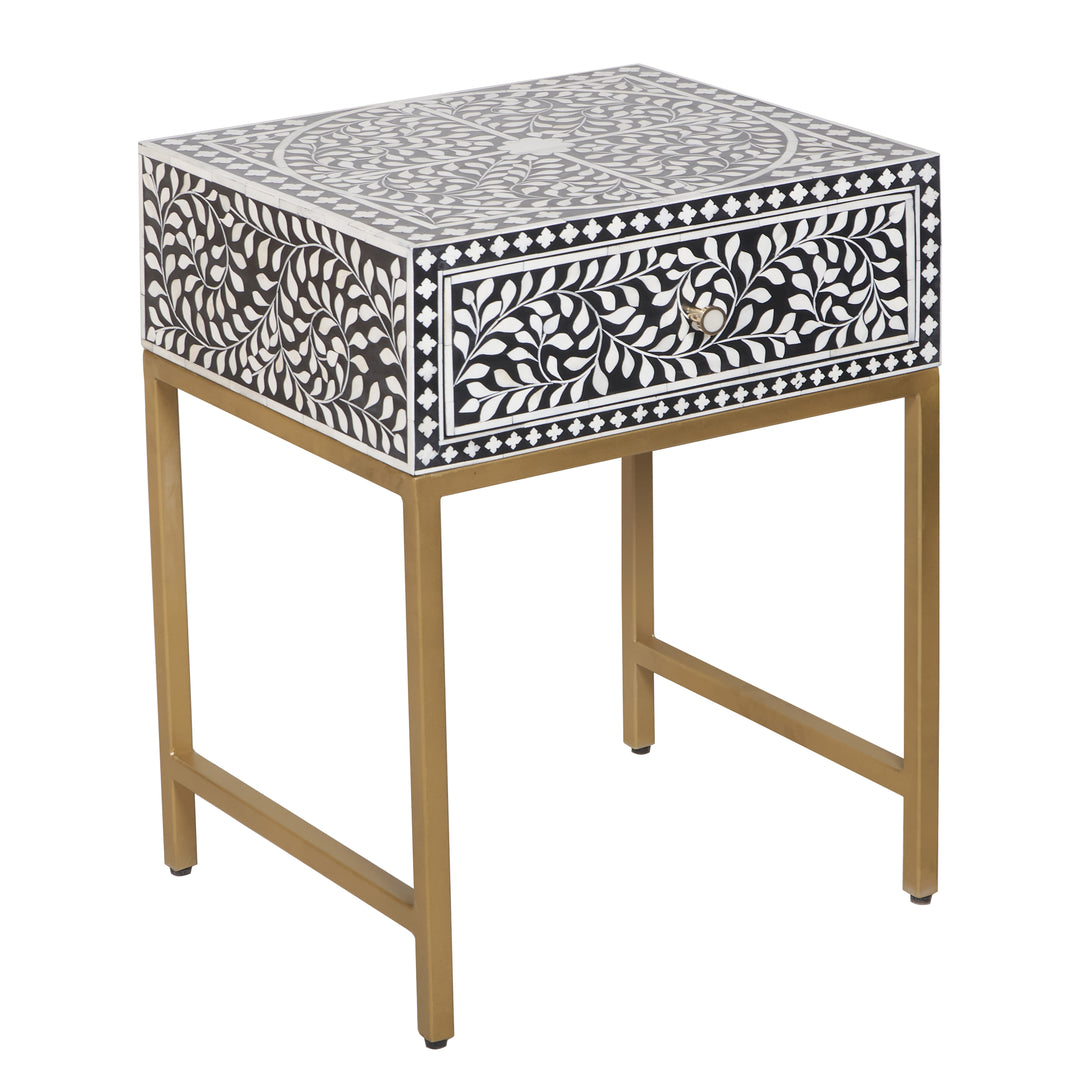 Bone Inlay Nightstand with 1 Drawer - Black Floral
