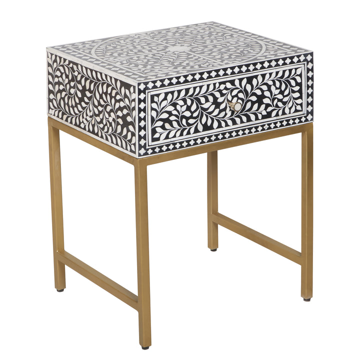Bone Inlay Nightstand with 1 Drawer - Black Floral